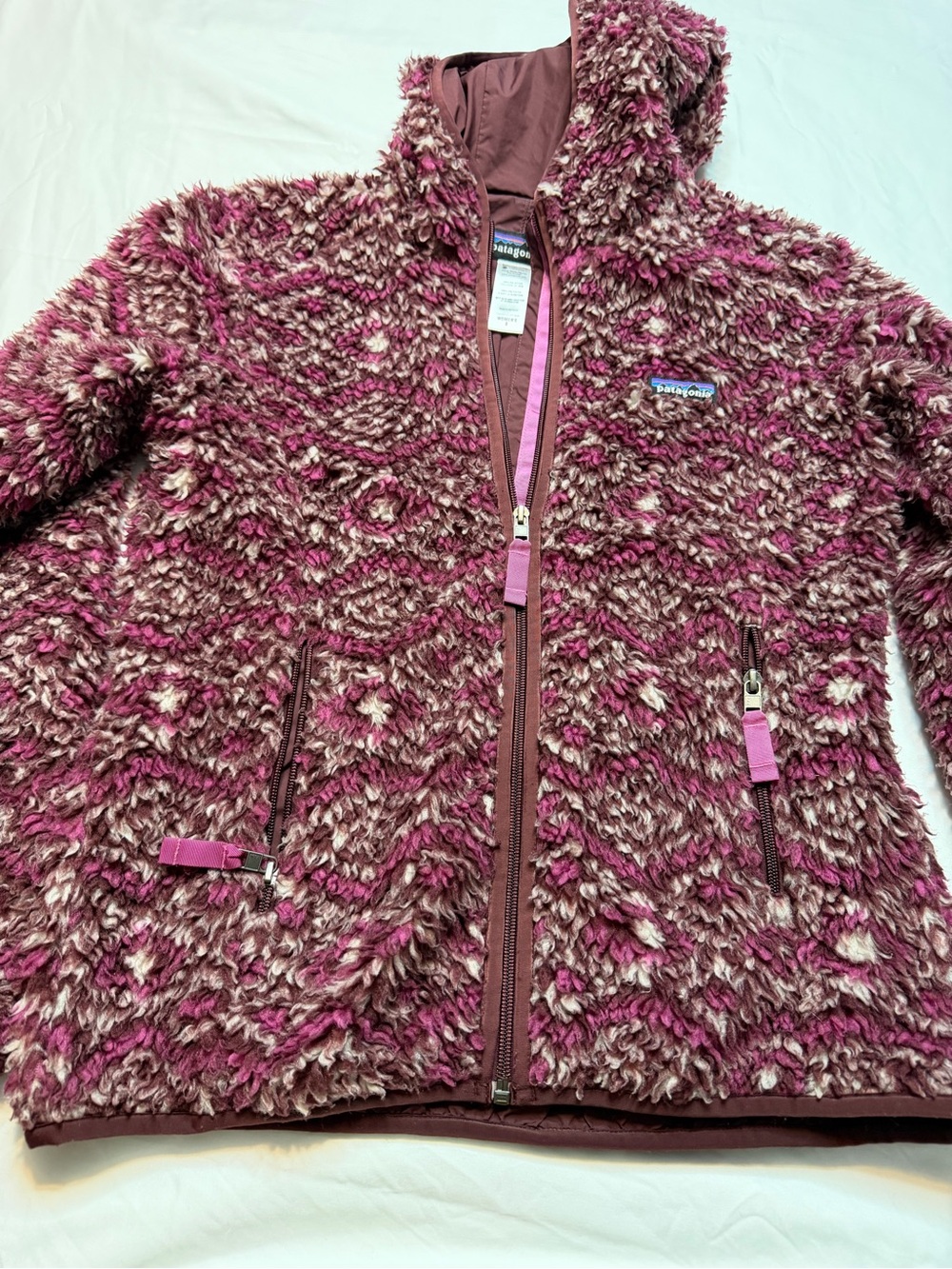 Patagonia Pink Multi Fuzzy Hooded Teddy Jacket
